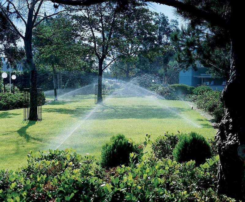 Pro Green sprinkler heads running across a landscaped lawn